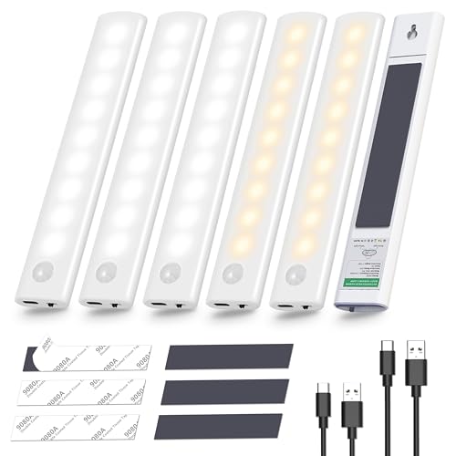 Akay&Tina Under Cabinet Lights, 2 Colors Closet Lights Motion Sensored Under Cabinet Lighting, Rechargeable Battery Operated Cupboard Light for Hallway, Closet, Kitchen（6 Pack）