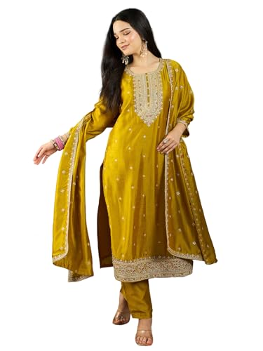 Kurta femme broderie Zari avec pantalon et dupatta assorti