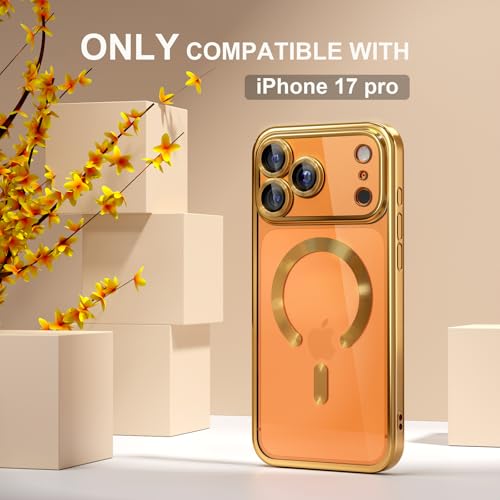 Image of Misea Magnetic for iPhone 17 Pro Case Compatible with MagSafe Gold | [Never Yellowing] [Military Drop Protection] Full Camera Lens Protector Plating Soft Clear Phone Case for Women, Gold