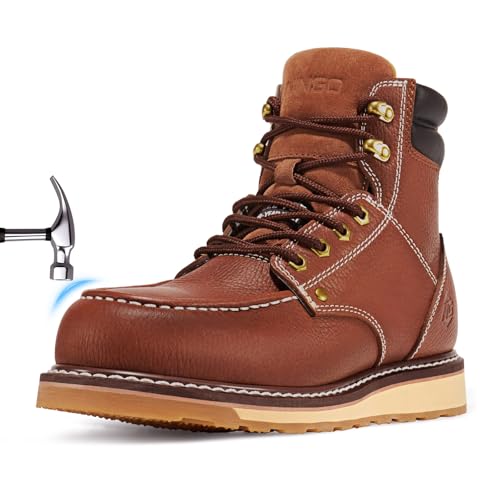 Image of NINGO Steel /Soft Toe Work Boots for Men, 6 Inch Waterproof Mens Wedge Moc Toe Boots, Full-Grain Leather, Oil and Slip-Resistant Safety Boots, EH Protection,Work Boots for Construction, Industrial