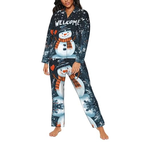 Conjunto de pijama para mujer con bolsillos, bonito muñeco de nieve de Navidad, cómodo, largo, de 2 piezas, conjunto de pijama para mujer, Negro, L