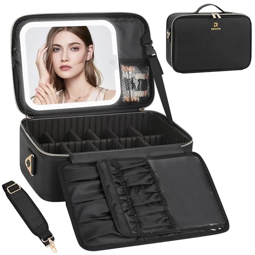 Relavel Makeup Bag with LED Mirror Travel Train Case Large Cosmetic Bags Organizer with Lighted Up Mirror with 3 Color Lights, Adjustable Brightness, Adjustable Dividers and Shoulder Strap (Black)