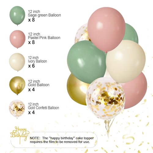 Image of Pink and Sage Green Birthday Party Decorations,Green Pink and Sand White Balloons Happy Birthday Banner star garland Fringe Curtains Birthday Background Pom Poms Decor for Girls Baby Women