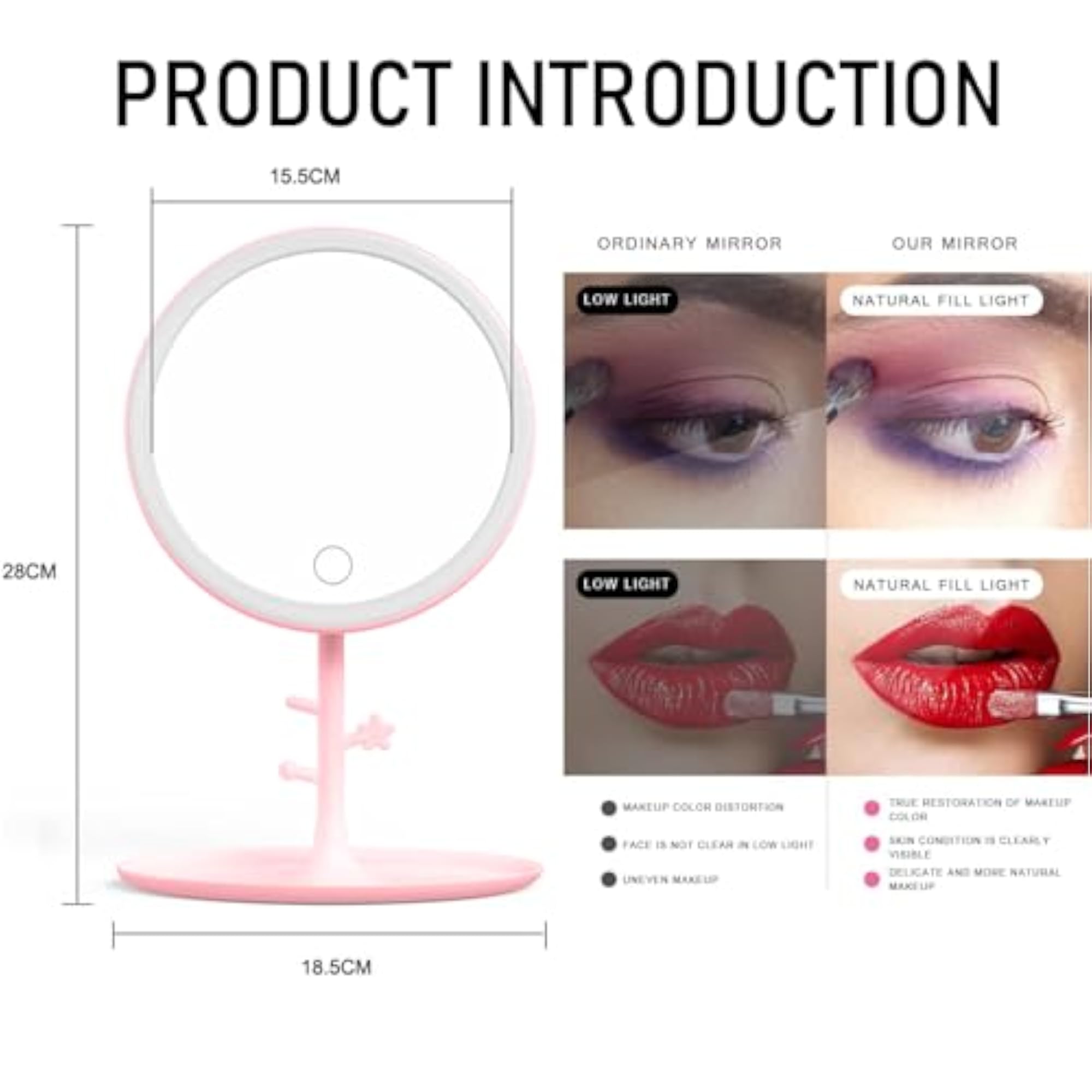 Make Up Mirror with LED Light, Rechargeable Touch Dimming
