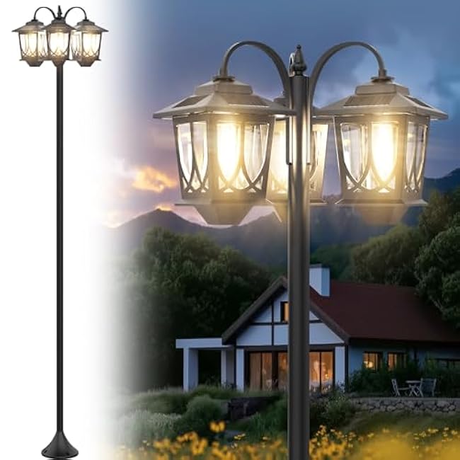 73 Inch Aluminum Solar Lamp Post Light, Outdoor Waterproof Auto On/Off Dusk to Dawn- 90Lm 3-Head Pole Lights Floor Lamp for Garden, Pathway,Patio Replaceable Bulb, Warm White (No Wiring Needed)