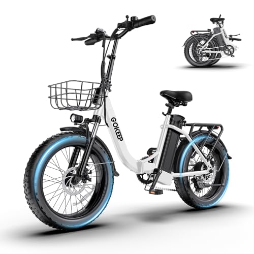 GOKEEP 1300W Folding Electric Bike, 75 Miles PAS Range, 52V 13Ah Removable Battery, 20' Fat Tire & Front Suspension Electric Bicycles, 20MPH 7-Speed Commuter Ebike, Max 330LBS, UL2849 Certified, White