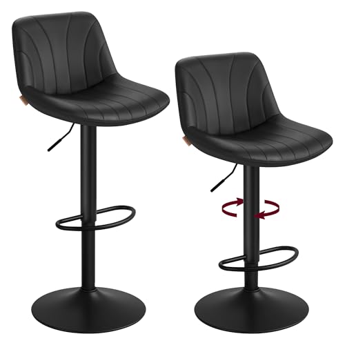 VASAGLE Taburetes de Bar, con Respaldo, Sillas de Bar de Altura Ajustable, Giro de 360°, Reposapiés de Metal, para Comedor y Cocina, PU, Juego de 2, Negro Tinta LJB181BH01