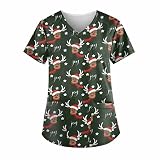 Saymany Kasacks Damen Pflege Bunt mit Motiv Weihnachten T-Shirt Schlupfkasack mit Taschen Kurzarm V-Ausschnitt Schlupfhemd Berufskleidung Krankenpfleger Uniformen Nurse Kasack