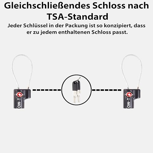 Foto von OW-Travel Kabel Schloss mit Schlüssel (2er) Kofferschloss Vorhängeschloss Gepäckschloss Sicherheitsschloss Schlüsselschloss TSA Lock Cable USA Schloss für Reise Koffer Spind Rucksack (Schwarz)