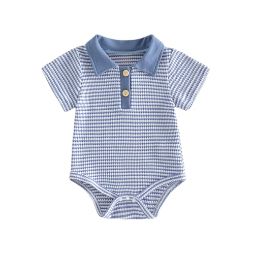 Image of VISGOGO Baby Boy Striped Romper Waffle Short Sleeve Button Oversized Bodysuit Summer Baby Collared Onsie Polo Shirt Clothes