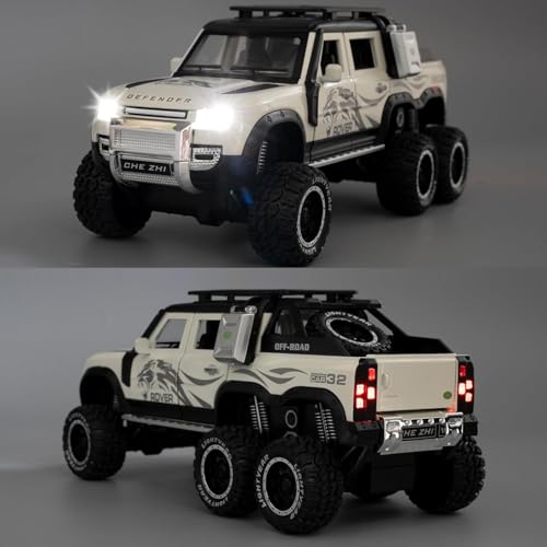 Image of 1:24 Scale Defender Toy Car 6 Wheel Diecast Metal Cars Model Defender Cars for Kids Boy Light Sound Pull Back Openable Door, White