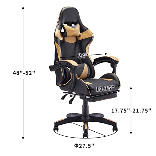 Image of Tegan Gaming Chair Office Adjustable Seat Height High Back PU Leather Ergonomic Chair E-Sports with Lumbar Support Retractable Foot Rest (Black and Golden) Gaming Chair with Lumber Massager