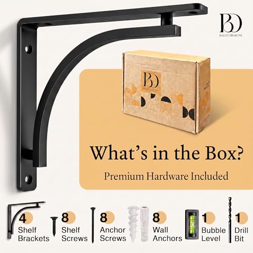 Soportes en L para estantes de 8 a 12 pulgadas Balin Designs juego de 4 piezas de metal negro 4