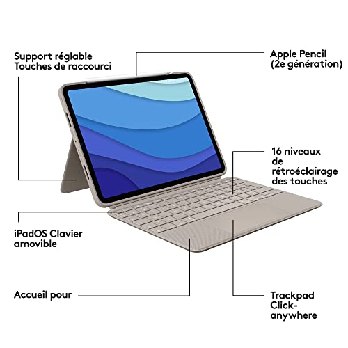 Logitech Combo Touch iPad Pro 11 pouces (1re, 2e, 3e gén - 2018, 2020, 2021) Etui Clavier Clavier Rétroéclairé Détachable, Trackpad Click Anywhere, Smart Connector, Clavier Français AZERTY - Sable