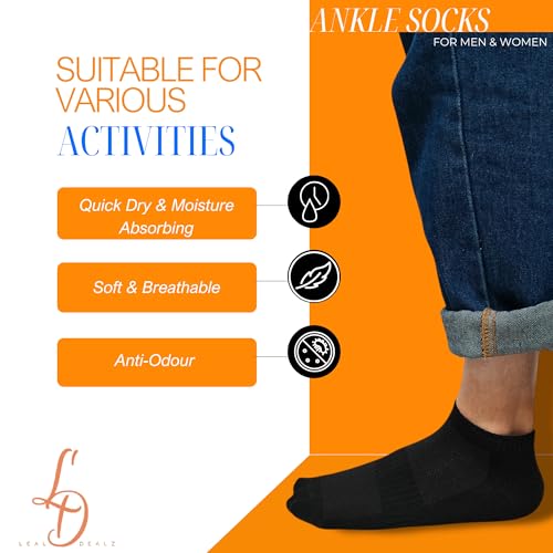 Image of Ankle Socks for Men & Women (Unisex) - Made with Soft, Breathable & Durable Cotton, Anti Odour, (Denim Blue, Blue, Charcoal Grey, Black, White, Grey) - Free Size - Pack of 6 - Sports, Gym