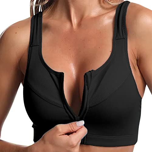 Sport BH Damen Yoga mit Reißverschluss vorne Ohne Bügel Starker Halt Große Brüste Push Up Ringerrücken Gepolstert Sport Bra für Fitness Laufen Yoga (Schwarz, L)