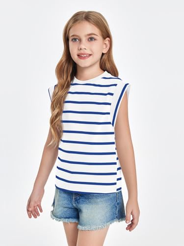 Image of Haloumoning Girls Cap Sleeve T Shirts Summer Striped Tank Tops Tees 4-14 Years