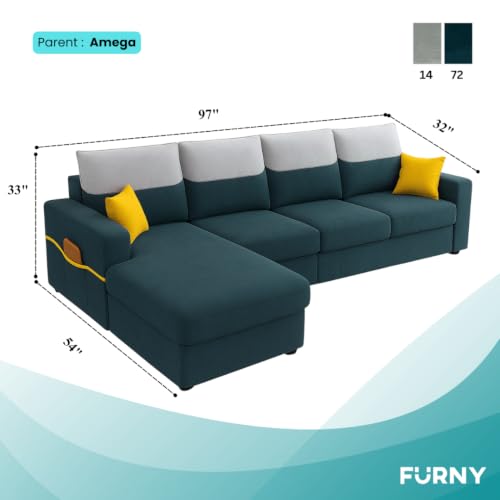 Image of Furny Tokiaa 6 Seater Fabric LHS L Shape Sofa Set (Tealish Green) | Soft Velvet Fabric | Modern Design | Comfortable Seating | Living Room Furniture