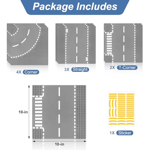 Image of Pokiiulk 9 Pack Road Base Pates for Building, Compatible with Lego Classic Bricks, 10 inch x 10 inch Baseplates Fits for Lego Roads, Road Base Plates for City Sets (Attached DIY Stickers)
