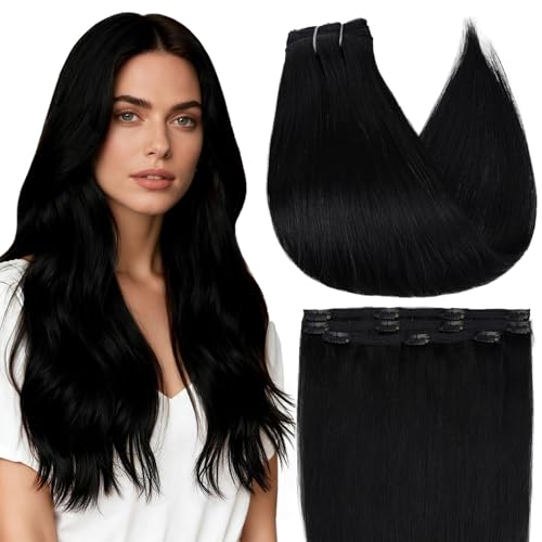 Image of Full Shine Jet Black Clip in Extensions, 10 Inch 3 Pcs 60g | Lightweight Clip in Hair Extensions Real Human Hair, Straight for Thin Hair, Lightweight Comfortable Wear