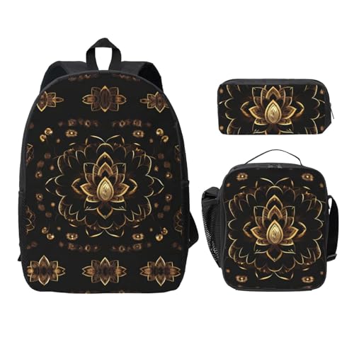 Sac à dos léger noir motif fleurs de lotus dorées avec accessoires EdWal