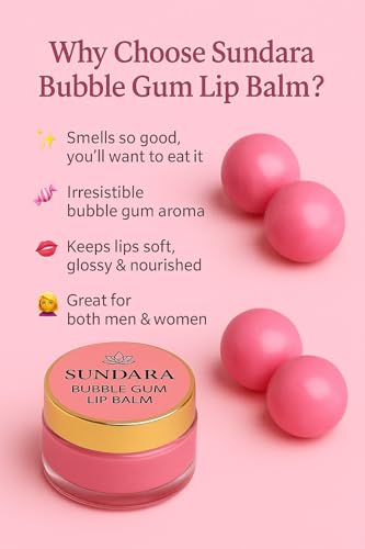 Image of SUNDARA Bubble Gum Lip Balm 8g for Dry & Chapped Lips | Shea Butter, Vitamin E & Natural Oils | Moisturizing Lip Care for Soft, Smooth & Nourished Lips | Bubble Gum Flavor Lip Balm for Men & Women