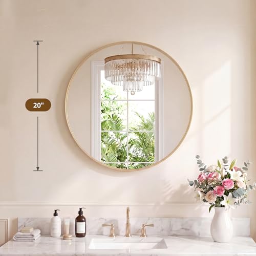 Image of Sweetcrispy Bathroom Round Mirror for Over Sink, 20 Inch Wall Circle Mirror with Matte Metal Frame, Modern Wall Mount Vanity Mirrors for Home Decor, Living Room, Bedroom, Gold