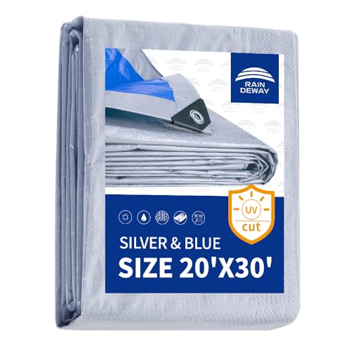 RAINDEWAY Tarps - 20x30 Feet, 5.5 Mil Thick, Multipurpose Waterproof Poly Tarp Cover with Metal Grommets and Reinforced Edges, Silver/Blue Large Tarp