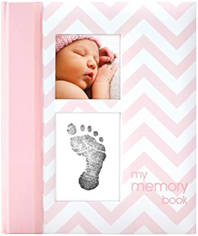 Pearhead First 5 Years Chevron Baby Memory Book With Clean-Touch Baby Safe Ink Pad To Make Baby's Hand Or Footprint Included, Newborn Milestone And Pregnancy Journal, Pink
