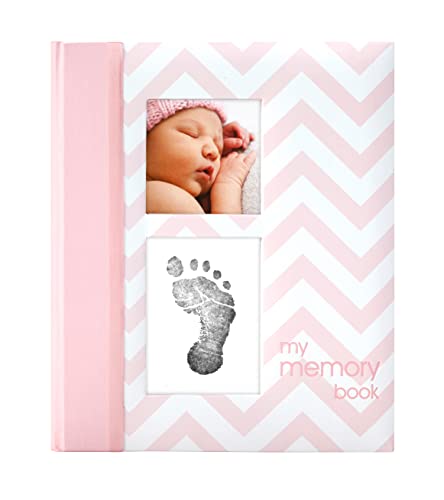 Image of Pearhead First 5 Years Chevron Baby Memory Book With Clean-Touch Baby Safe Ink Pad To Make Baby's Hand Or Footprint Included, Newborn Milestone And Pregnancy Journal, Pink
