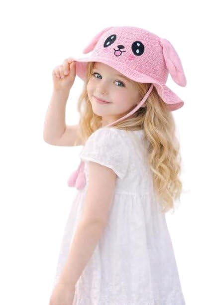 Image of FabSeasons Kids Cute Straw Sun Hat with Moving Ears (Ages 4-8 Years) | UV Protection, Wide Brim, Foldable, Beach Bucket Cap | Girls & Boys Breathable Summer Sun Hat with Inner Adjustable String