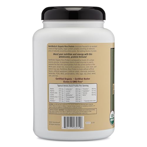 Image of NutriBiotic Certified Organic Rice Protein Chocolate, 22.9 Oz | Low Carbohydrate Vegan Protein Powder | Raw, Certified Kosher & Keto Friendly | Made Without Chemicals, GMOs & Gluten | Easy to Digest