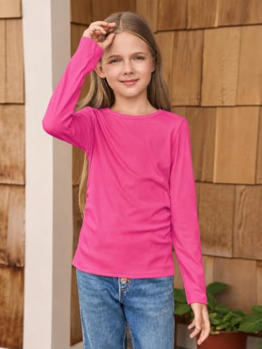 Image of Haloumoning Girls Long Sleeve Shirts Crewneck Ruched Side Slim Fit Tops Ribbed Knit Casual Tee Shirt 4-15 Years