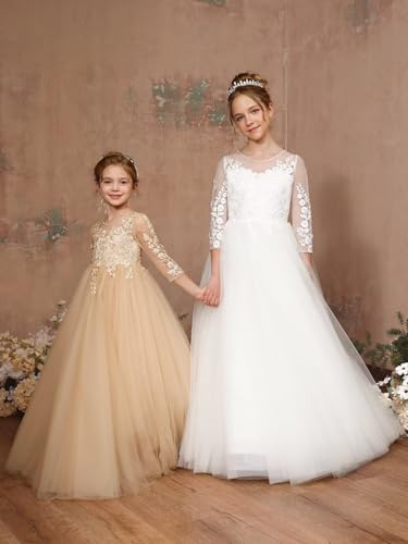 MCieloLuna Elegant Lace Flower Girl Dress Puffy Tulle First Communion Dresses for Girls 2025 Toddlers Party Maxi Gown4