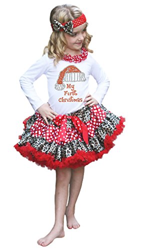 Gorro de Papá Noel con camiseta blanca y falda de leopardo rojo para Navidad de niña