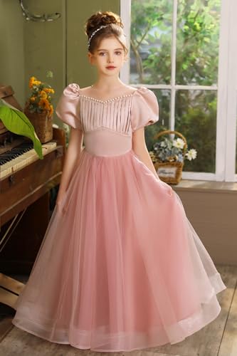 Flower Girls Satin Tulle Dresses for Wedding Pearls Princess Pageant Dress Birthday Party Dress3