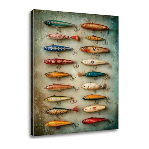 KEJPU Vintage Fly Fishing Lures Wall Art Canvas Rustic Dock