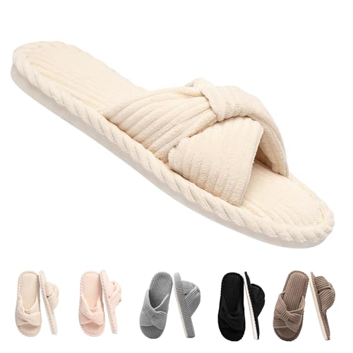 Comfy Slippers for Women Memory Foam House Bedroom Shoes Corduroy Bow Crossbands Slide Slipper Shoes Open Toe Slip On Sole Slippers Soft Trendy Gift