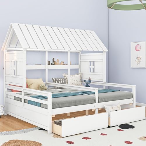 VeroFree Twin Size House Platform Beds with 2 Drawers for Boy & Girl, Shared Bed Combo of 2 Side-by-Side Twin Beds, White (1 Drawer Each), Space-Saving Kids Room
