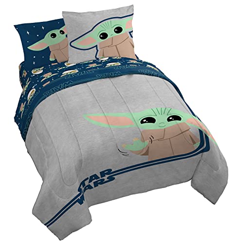 Image of Star Wars Mandalorian Grogu Queen Comforter Set 7 Piece Bedding, Gray | Baby Yoda, Bed in a Bag, Comforter Sheets Shams Pillowcases, Official Brand, Soft Microfiber, Machine Washable, Kids Gift