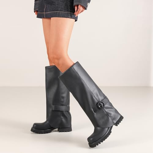 Women's Knee High Riding Boots Square Toe Chunky Low Heel Motorcycle Boots Slouchy Fold Over Moto Biker Boots for Women3