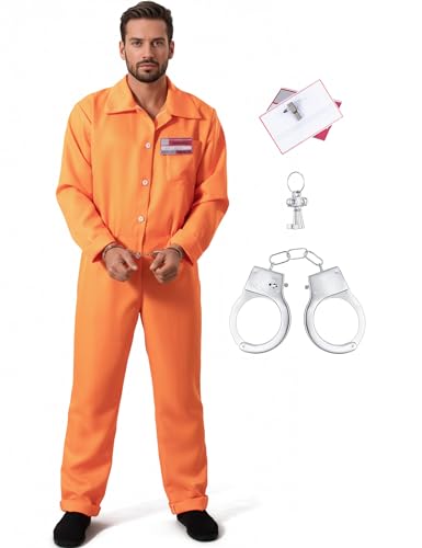 Topney Adult Prisoner Costume Jumpsuit with Prop-Handcuffs, Unisex Jail Inmate Outfit for Halloween, Cosplay Party & Events -L