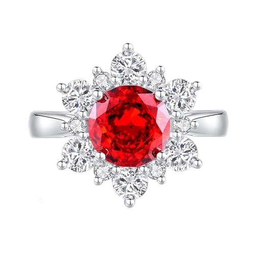 Anillo para mujer de oro blanco de 18 quilates, anillo de mujer con flor redonda de 2 quilates, rubí y moissanita, talla 50 (15,9)