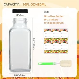 AuroTrends 16 oz Glass Bottles with Lids 3Pack, 480ml Glass Bottles for Juicing, Water, Kombucha - Portable Glass Juicing Bottles Reusable Glass 16oz (16fl.oz, Set of 3)