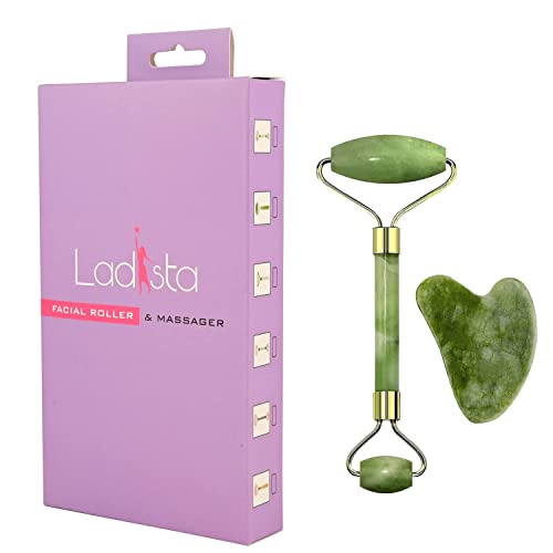 Image of Facial Massager Jade Roller & Gua Sha Tool Natural Himalayan Stone for Face Neck Healing Skin Wrinkles & Serum Application