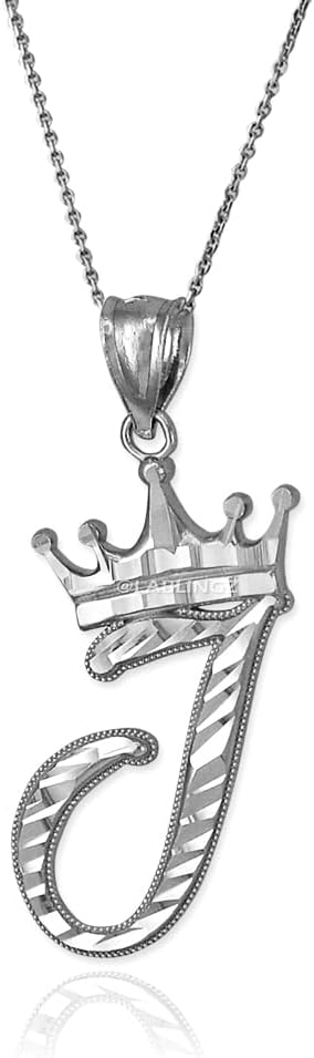 Sterling Silver Letter 'J' Initial Cursive Crown DC Pendant Necklace