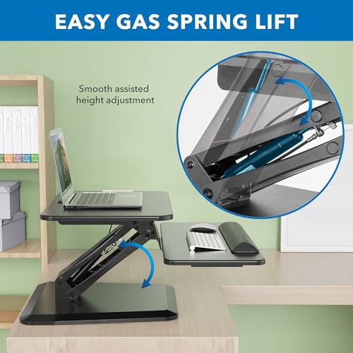 Image of Mount-It! Compact Standing Desk Riser, Height Adjustable Desktop Sit Stand Workstation with Gas Spring, Tabletop Stand Up Desk with Keyboard Tray, Black