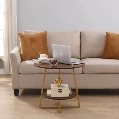 Image of Al Hama Rustic Farmhouse End Table Modern 2 Tier Sofa Side Bedside Table, Metal Frame Nightstand, Multipurpose Living Room Bedroom Coffee Table Golden Brown