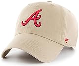 47 Brand MLB Khaki Primary Logo Clean Up Adjustable Strap Baseball Dad Hat Cap, Adult One Size Fits All - Atlanta Braves - Khaki