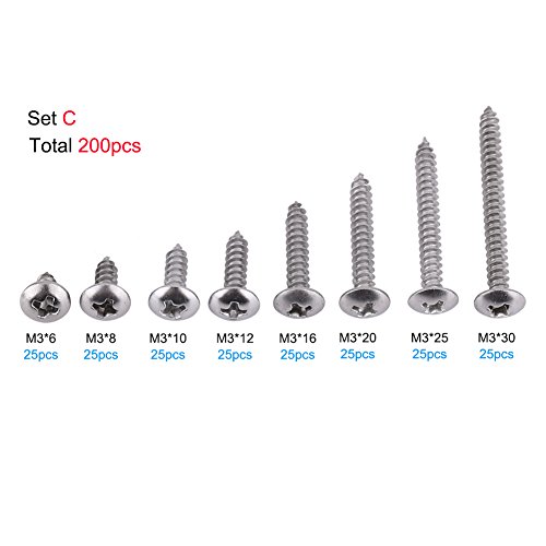 Kit de Arandela de 6Mm, Yosoo Anclas Poco Profunda 200Pcs M3 de Acero Inoxidable Ss304 Tornillos Selroscantes Pan Flat Truss Head (Tornillos autorroscantes de cabeza segmentada)